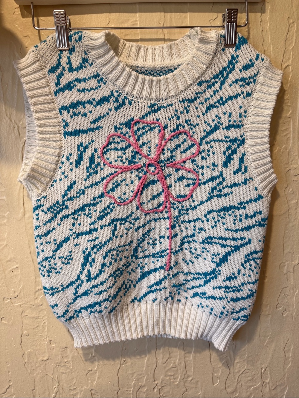 Zara Cream Knit V-Neck Sweater Vest with Teal Pattern and Pink Flower